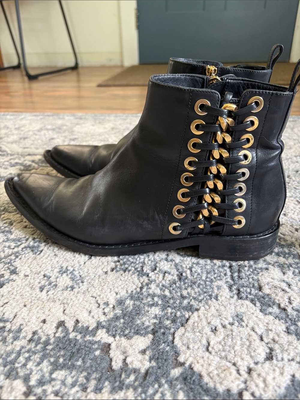 Alexander McQueen Black Leather Braided Chain Ankle Boots Size 40